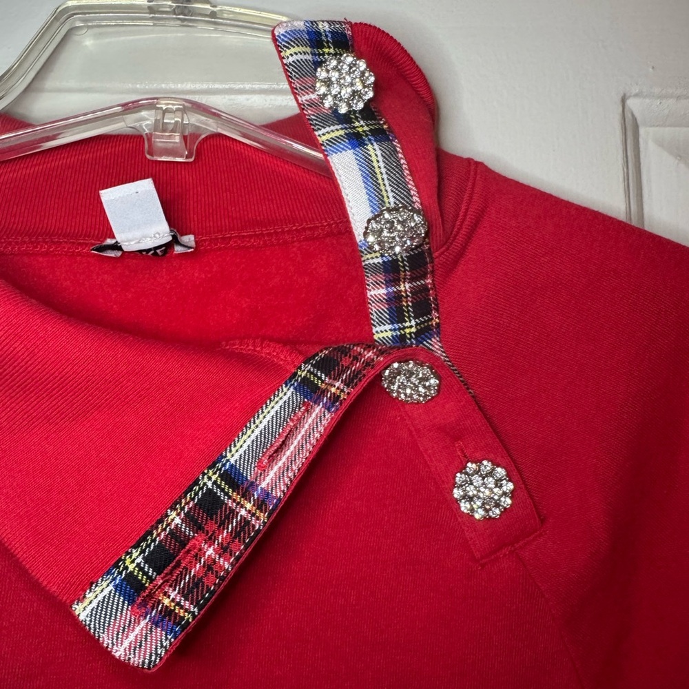 J. Crew factory red jeweled mock neck tartan plaid sweatshirt - Picture 7 of 8